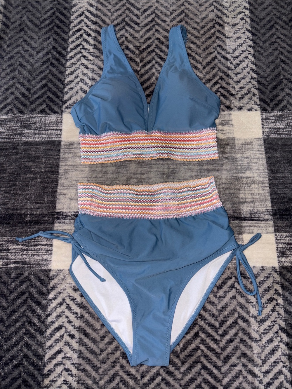 Blue High-Rise Two-Piece Bikini with Multicolor Smocked Waistband